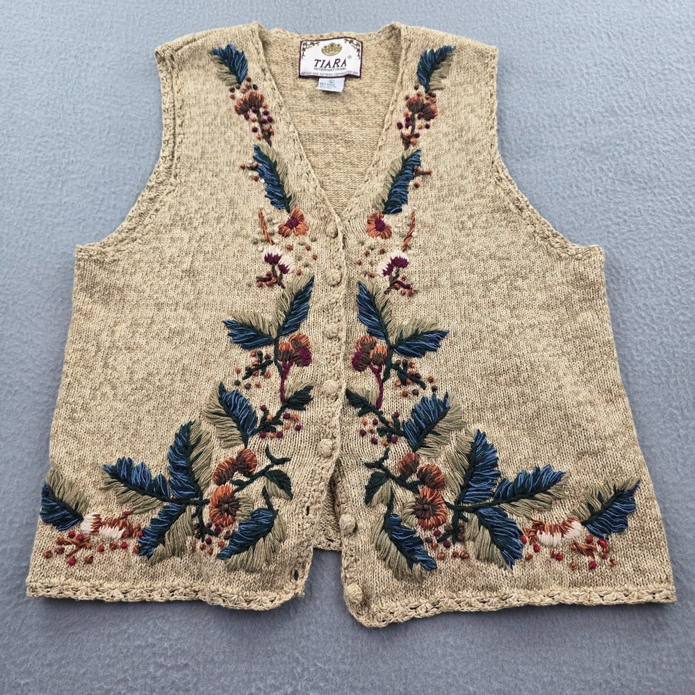 VTG Tiara International Sweater Vest Womens Large Beige Ramie Floral Embroidery